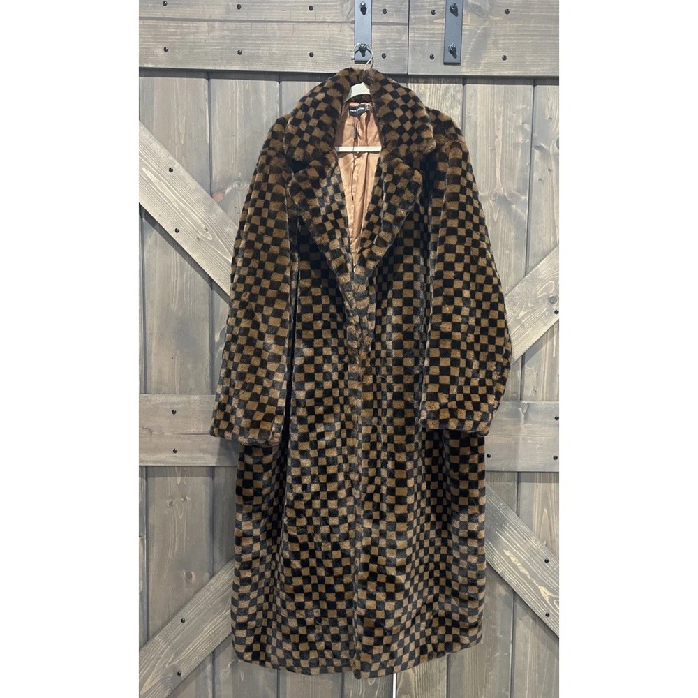 Pretty Little‎ Thing Brown STONE Checked Faux Fur Coat Women's Size 18 - Picture 9 of 16